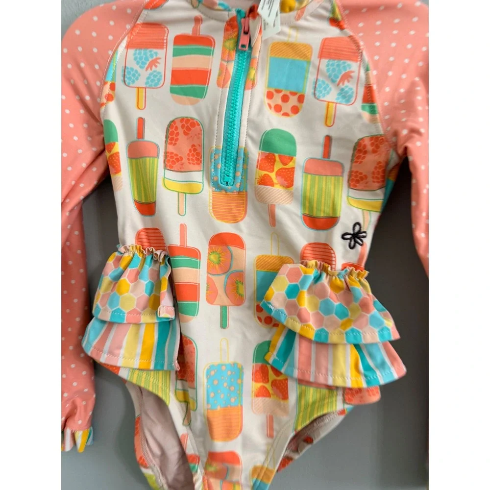 Matilda Jane One Piece Swimsuit Girls 4 Coral Popsicle Ruffle Rash Guard Zip